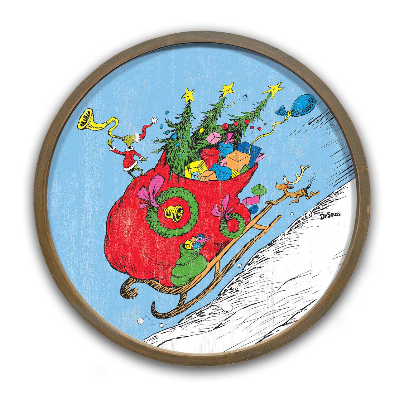 20" The Grinch Riding in Sled Round White Framed Print